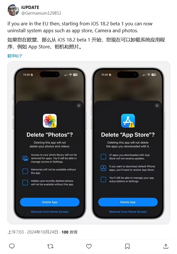 凤城苹果手机维修分享iOS 18.2 支持删除 App Store 应用商店 