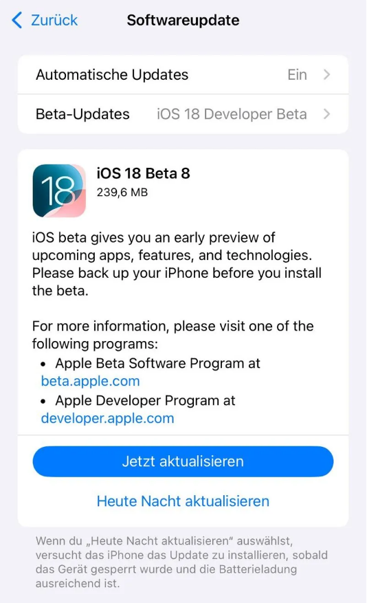 凤城苹果手机维修分享苹果 iOS / iPadOS 18 开发者预览版 Beta 8 发布 